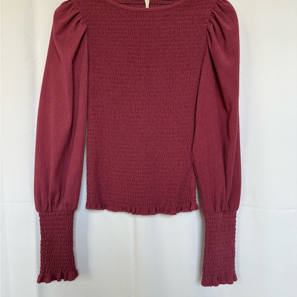 Anthropologie Burgundy Smocked Long-Sleeve Top